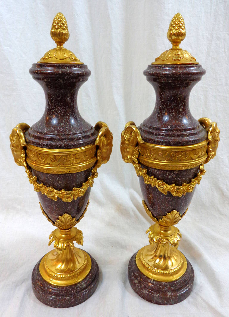 Pair of 19th Century French Marble and Bronze Doré Urns For Sale 4