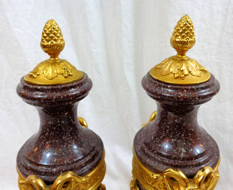 Pair of 19th Century French Marble and Bronze Doré Urns For Sale 5