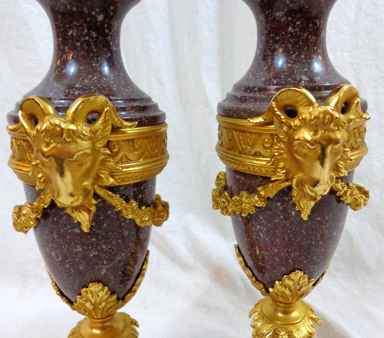 Pair of 19th Century French Marble and Bronze Doré Urns For Sale 6