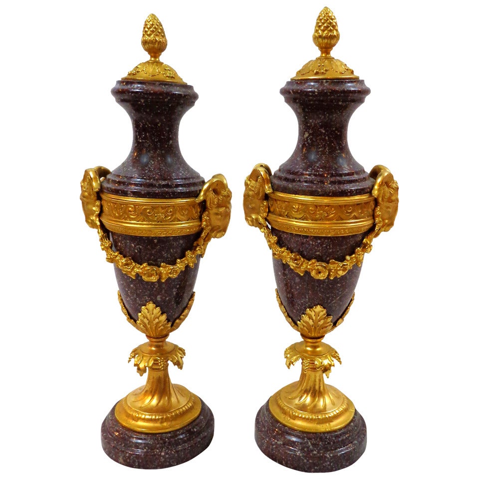 Pair of 19th Century French Marble and Bronze Doré Urns For Sale