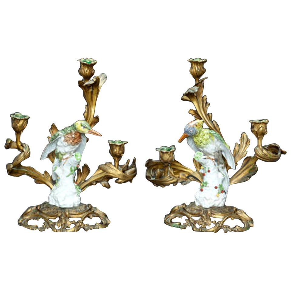 Pair of 20th c. Gilt Bronze and Porcelain Candelabra For Sale