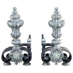 Pair of Early 20th c. Silvered Bronze Andirons