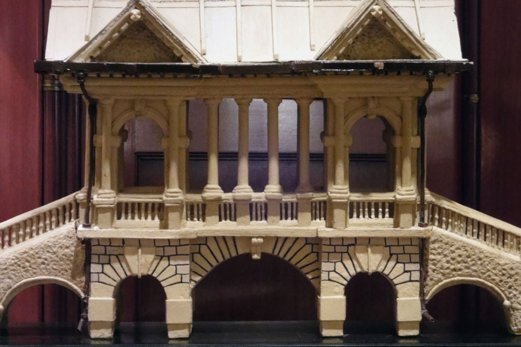 Wonderfully Detailed Model of a Wooden Bridge Folly on an ebonized base. Note stairs with 