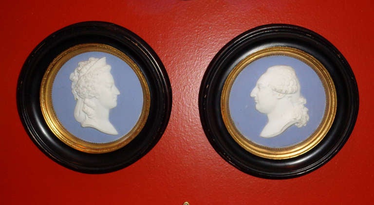 A Pair of Sevres Blue and White Jasper Portrait Roundels of Louis XVI and Marie-Antoinette.  Both inscribed 