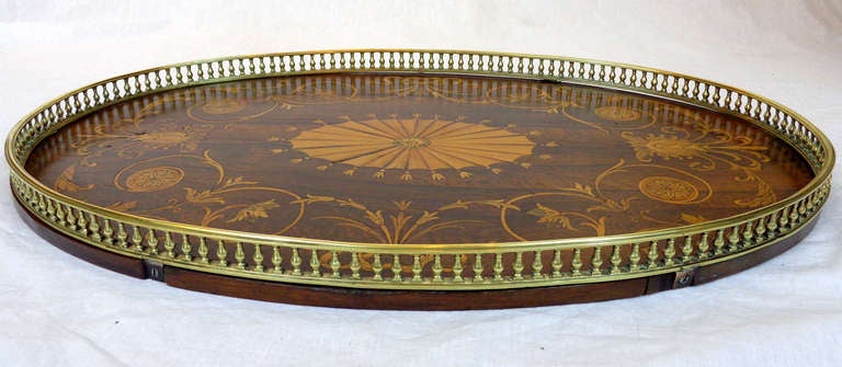 Edwardian Inlaid Oval Tray with Brass Gallery