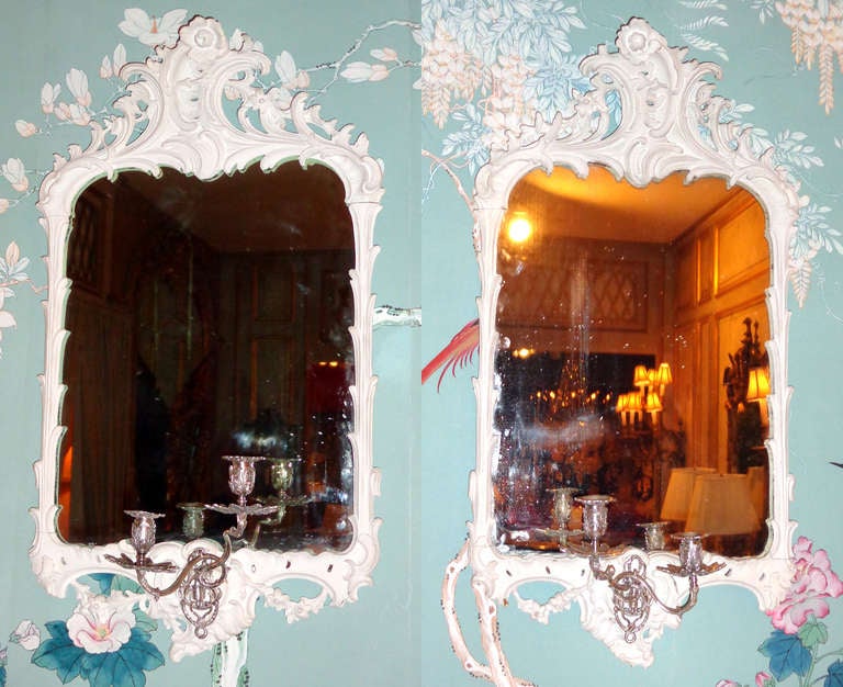 Pair of 19th c. Painted Mirrored Sconce with Silver Candle Arms
