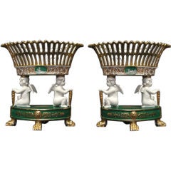 Pair of Sevres-Style Porcelain & Bisque Corbeillles