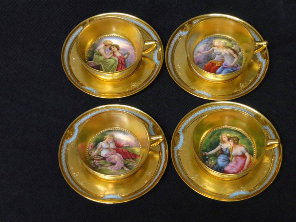 Set of 4 Handpainted Dresden Cups & Saucers