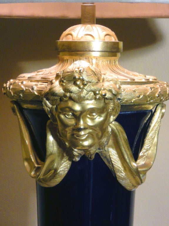 19th c. French Blue Cobalt Lamp with Gilt Bronze Faces