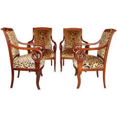 Antique Set of Four Mahogany Chairs in Leopard Print Velvet