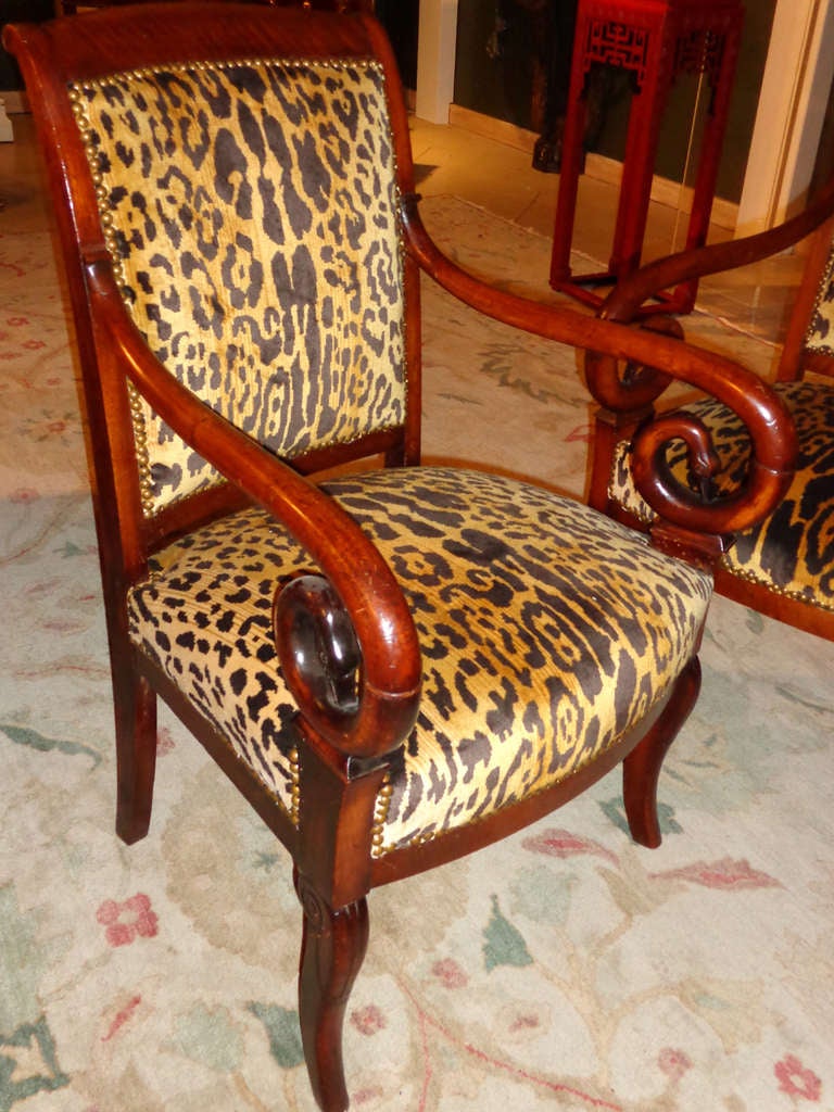 Set of Four Mahogany Chairs in Leopard Print Velvet
