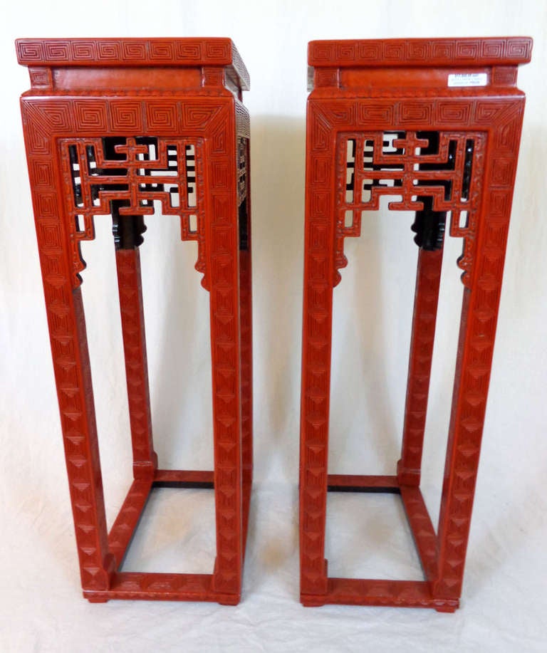 19th c. Pair of Cinnabar Lacquer Censer Stands 2