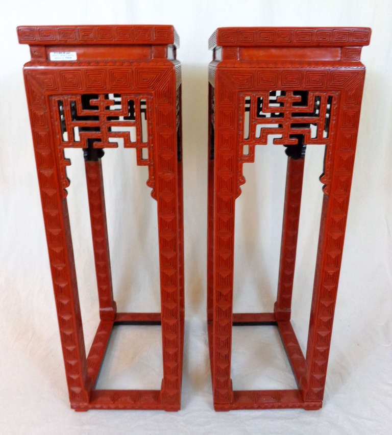 19th c. Pair of Cinnabar Lacquer Censer Stands 5