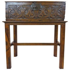 19th Century English Carved Wooden Box on Stand