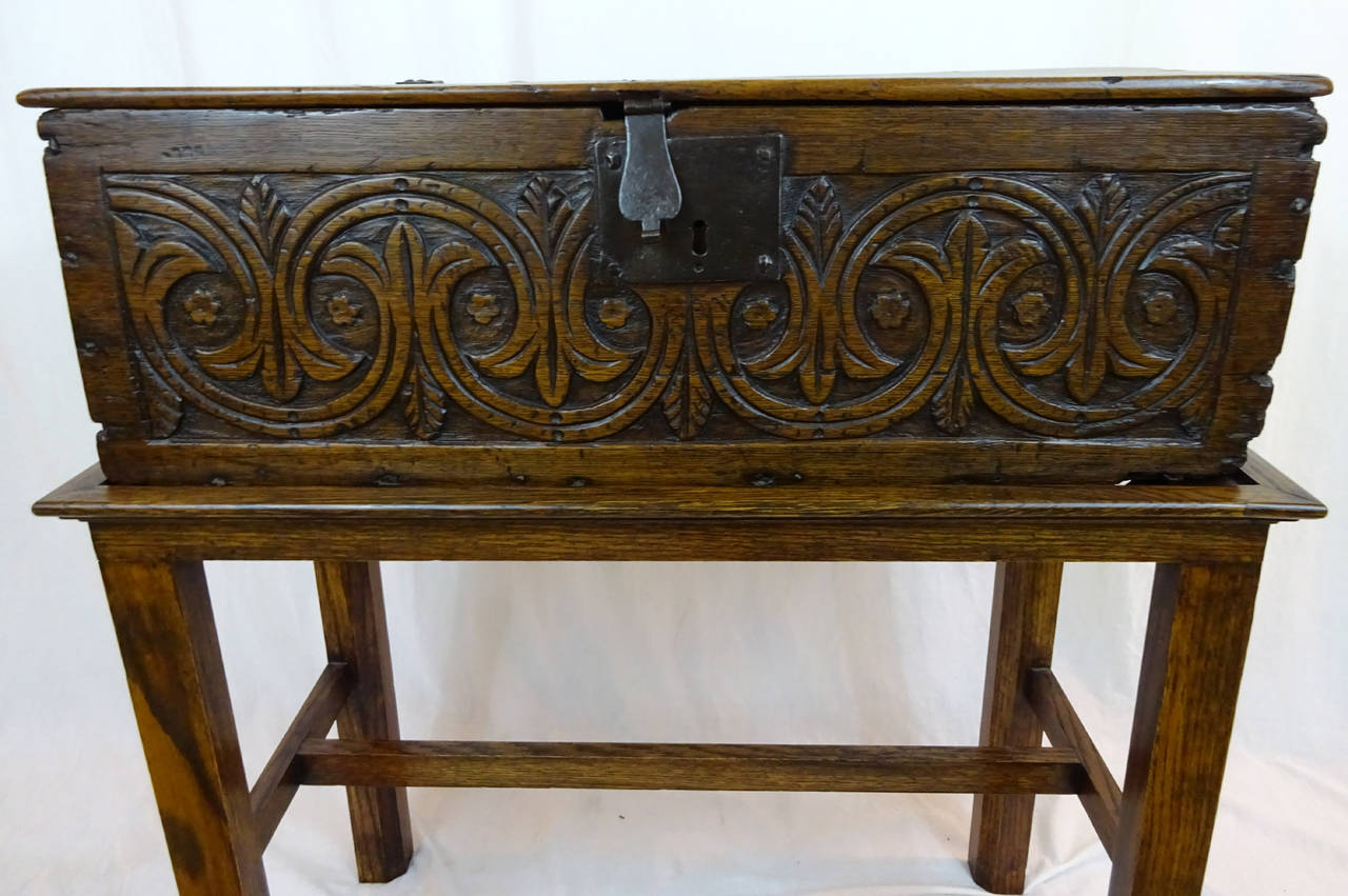 19th century English carved wooden box on removable stand.