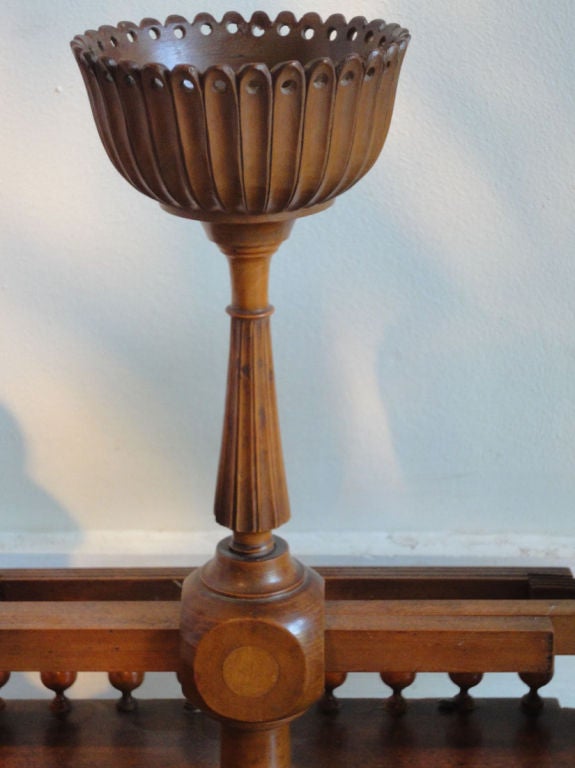 Beautiful & Unusual Late 19th c. Yarn Winding Spindle made of mahogany & inset light woods. The arms that support the spindles contract & expand. Knob on base allows the spindle supports to move to the side. Note the finely carved ball finials as