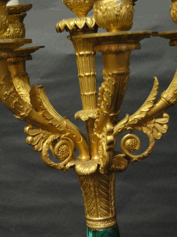 Stunning Pair of 19th Century French Empire Style Bronze & Malachite Six-Light Candelabras.