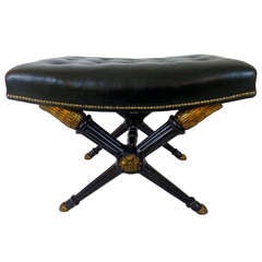 Early 20th Century French Ebonized and Gilt Bench with Original Leather Top