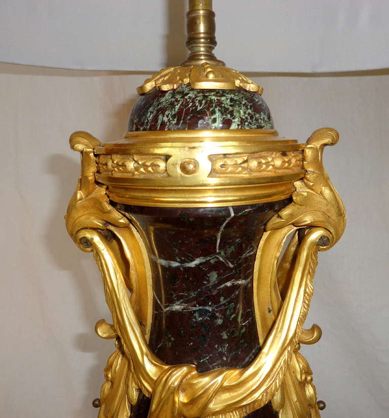 French Pair of 19th c. Louis XVI Style Marble and Bronze Doré Lamps For Sale