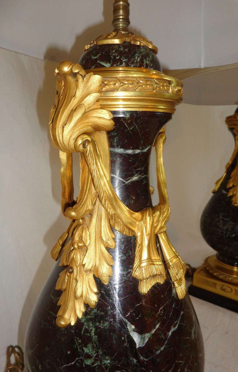 Pair of 19th c. Louis XVI Style Marble and Bronze Doré Lamps For Sale 1