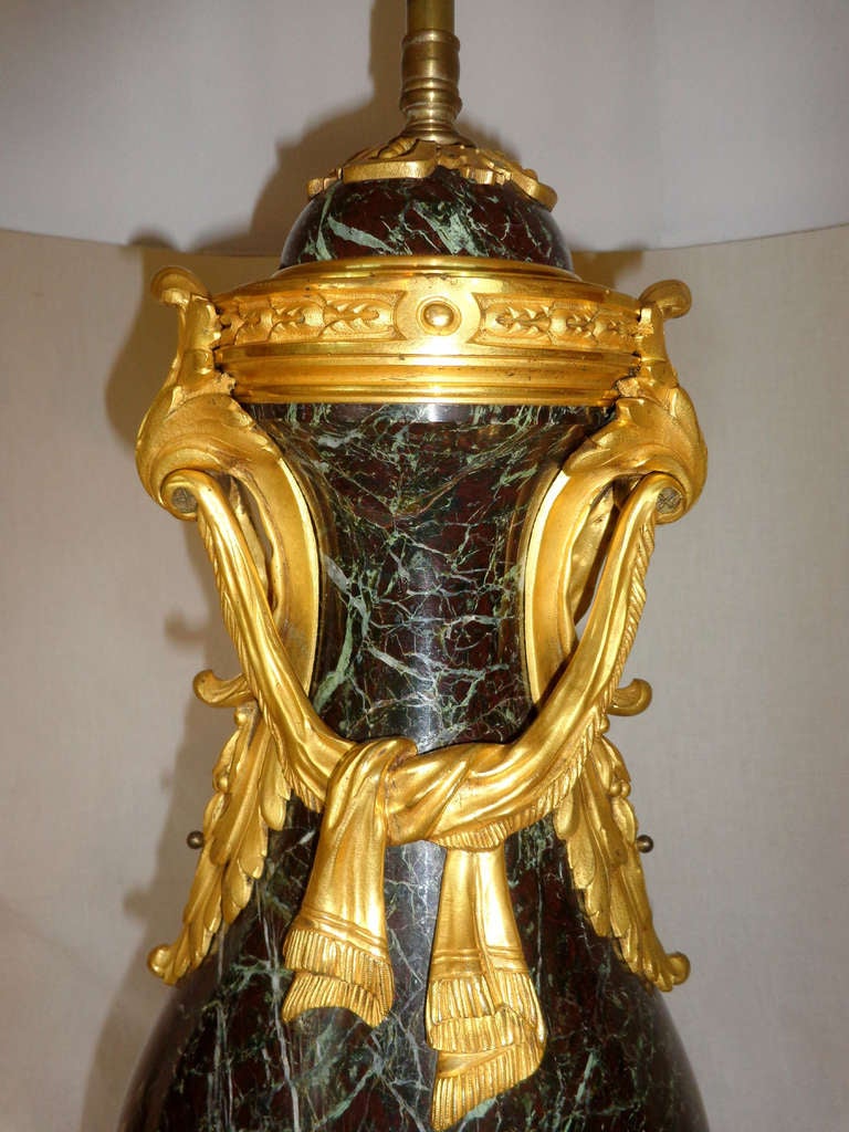 Pair of 19th c. Louis XVI Style Marble and Bronze Doré Lamps For Sale 3
