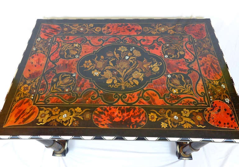 19th c. Italian table inlayed with tortoise shell, ivory, mother-of-pearl, and exotic woods.