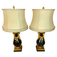 Pair of 19th c. Louis XVI Style Marble and Bronze Doré Lamps