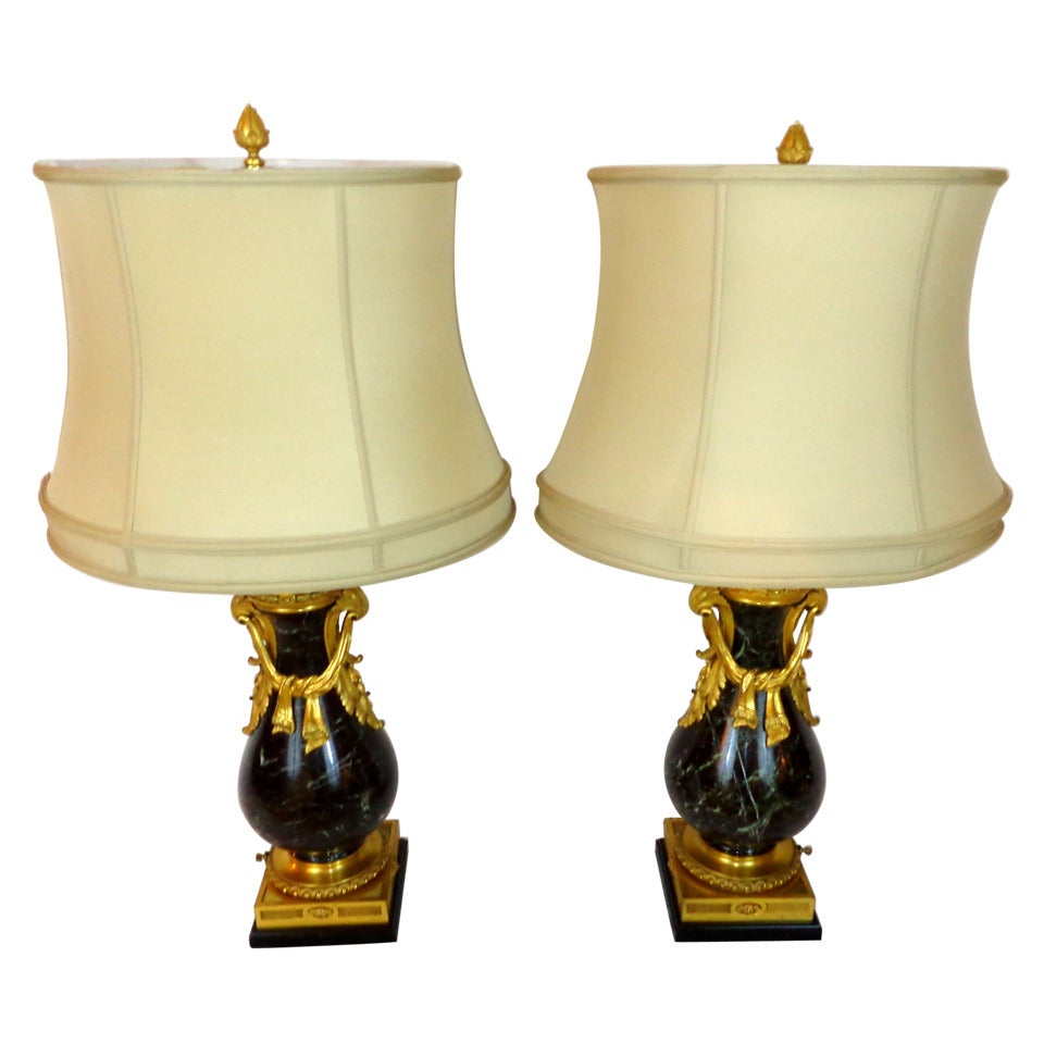 Pair of 19th c. Louis XVI Style Marble and Bronze Doré Lamps For Sale