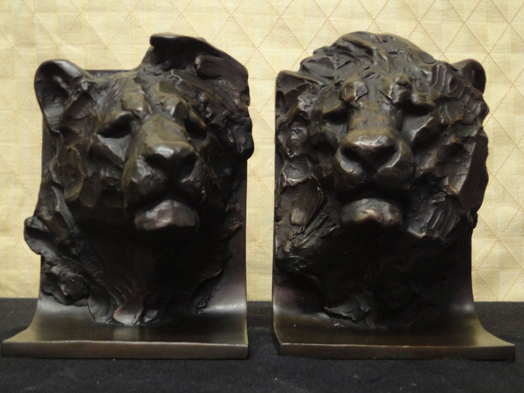 Powerful Bronze Lion & Lioness Sculptures as Bookends