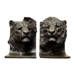 Powerful Bronze Lion & Lioness Sculptures as Bookends