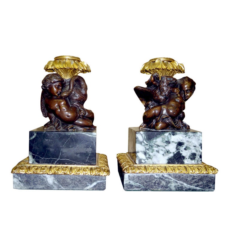 Pair of Bronze & Doré Putti Candlesticks