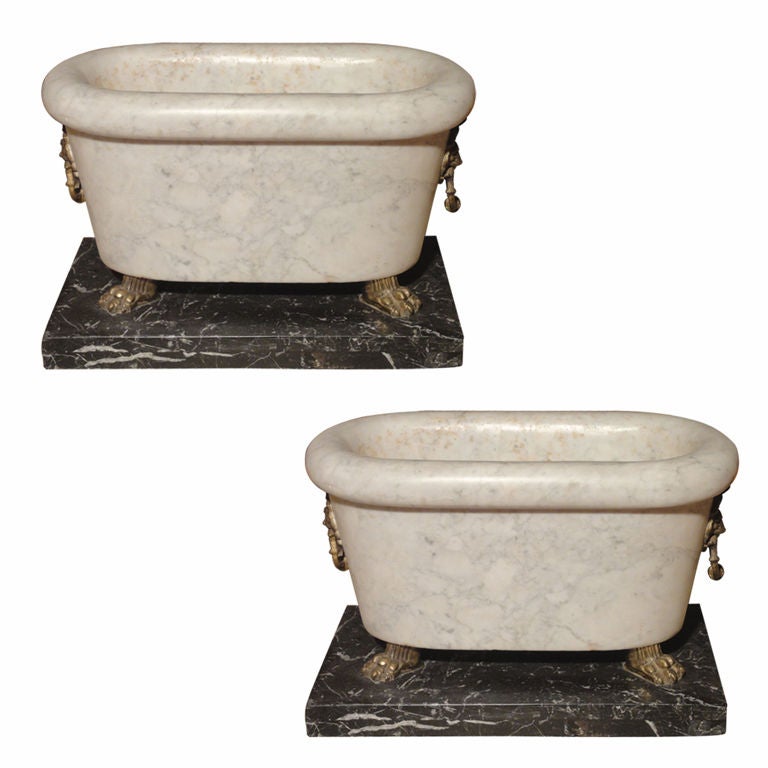 A Pair of White Marble Tubs on Black Marble Bases at 1stdibs