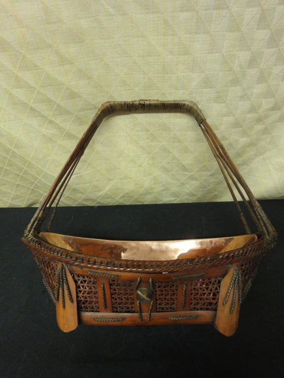 Very Unusual Old Japanese Ikebana Basket with a later copper lining. Originally purchased in the early 1980s from Charlotte Horstmann Ltd, Hong Kong.