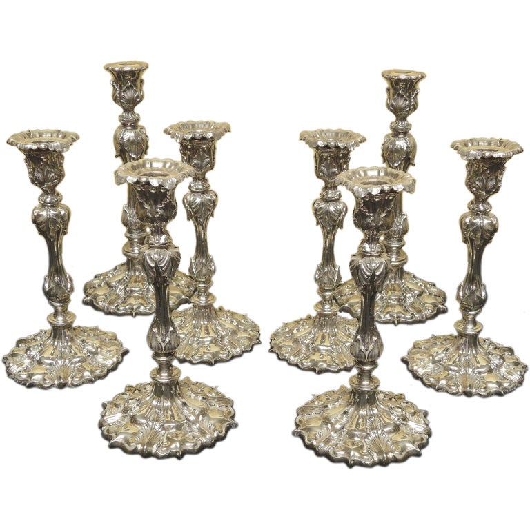 A Set of Eight Hallmarked Sheffield Silverplate Candlesticks For Sale
