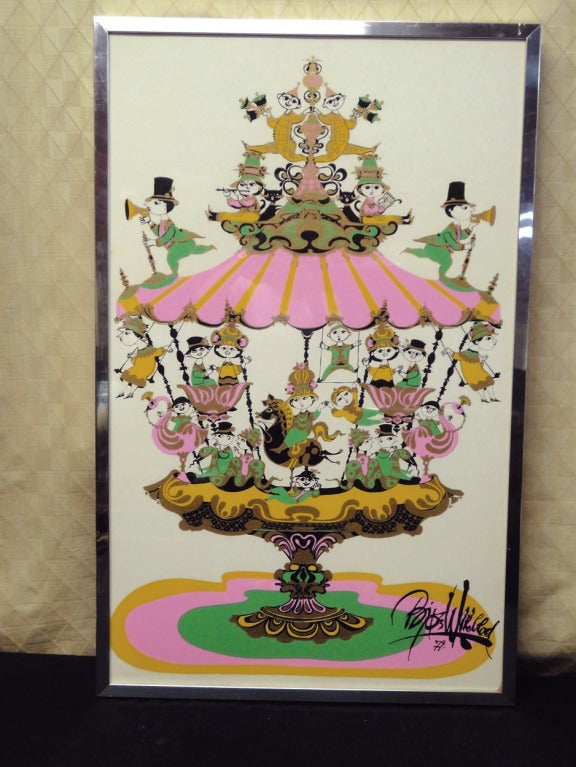 Fanciful Bjorn Wiinblad Limited Edition Lithograph of a carousel & riders originally given as a party favor at an elite 1974 charity ball. The colors remain vibrant & its frame is the original circa 1970s wide chrome. The carousel rider is a theme