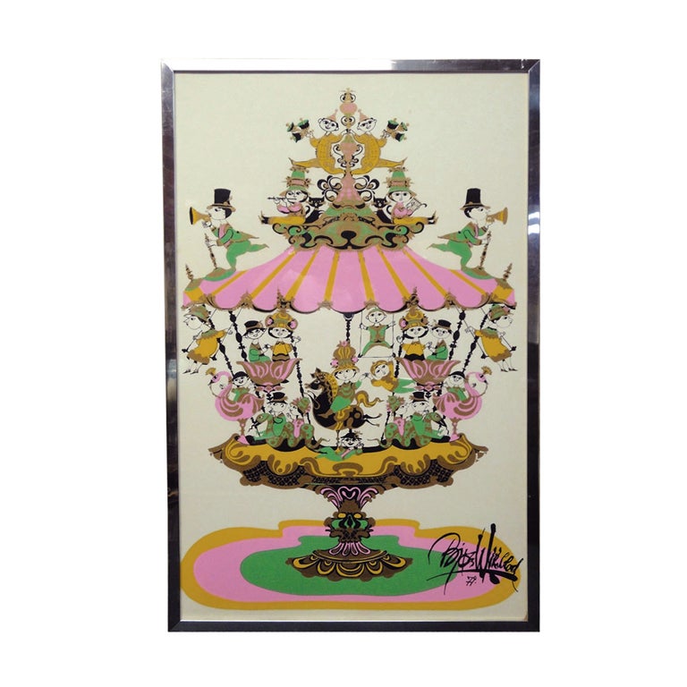 Fanciful 1974 Bjorn Wiinblad Lithograph of a Carousel For Sale