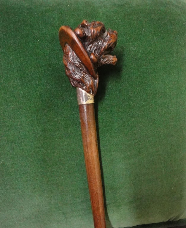 20th Century Mahogany Walking Cane with Carved Dog's Head For Sale
