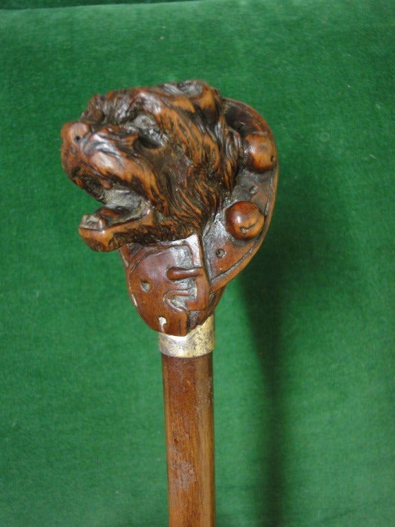 Mahogany Walking Cane with Carved Dog's Head For Sale 1