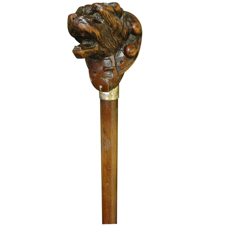 Mahogany Walking Cane with Carved Dog's Head For Sale