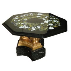 Inlaid Marble Side Table Held Aloft by Three Giltwood Cherubs
