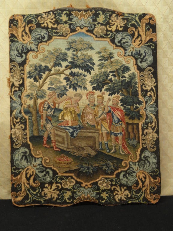 19th Century Tapestry on Frame Stretcher with Shaped Crown & Base Depicting Pont de St. Cyriacus, or, the passage of the popular child saint. Gros point needlework surrounds the center petit point needlework design. Most likely this was a panel from