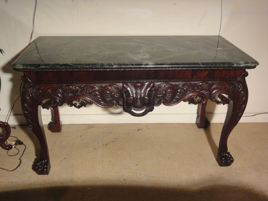 Well Carved Irish Console Table with Green Marble Top