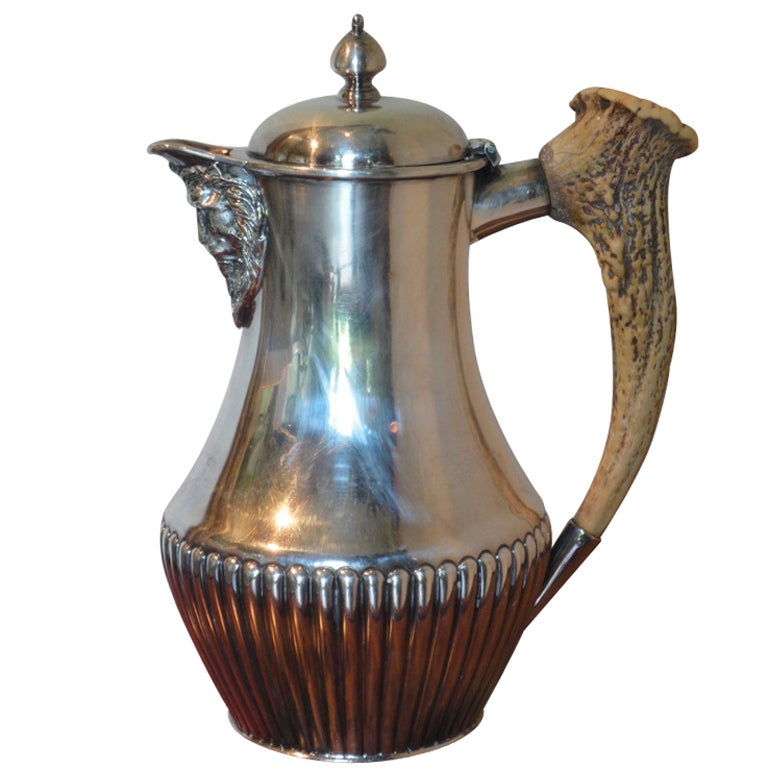 Cross Arrows Silver Plate Coffee Pot with Antler Horn Handle For Sale