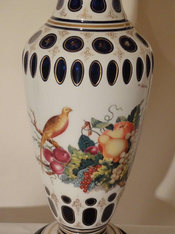 Hand Painted Double Layered Opaline Vase Decorated By J.F. Robert Now As Lamp (undrilled).