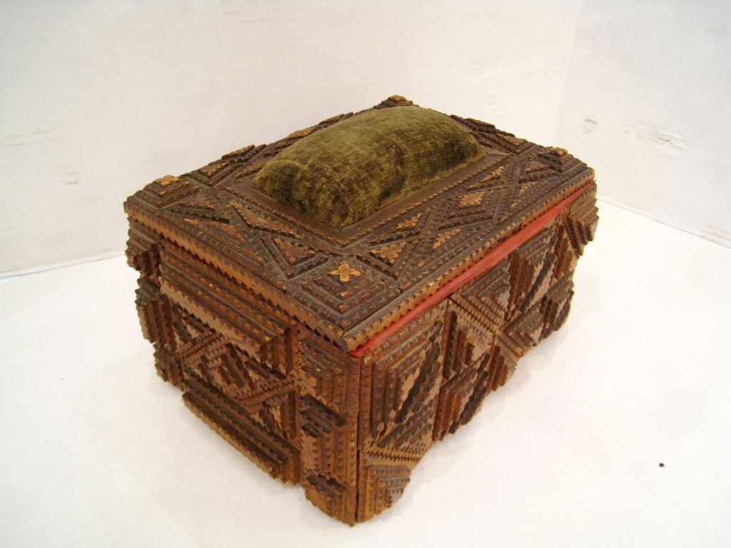 Large Tramp Art Box with Stuffed Velvet Detail. Designed as a Sewing Box. All Original