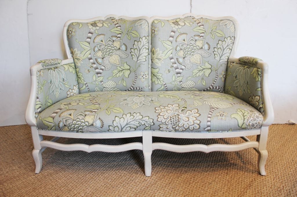 Custom Settee from the 1940s. New Upholstery and Finish. Curved Back Interior and Exterior.