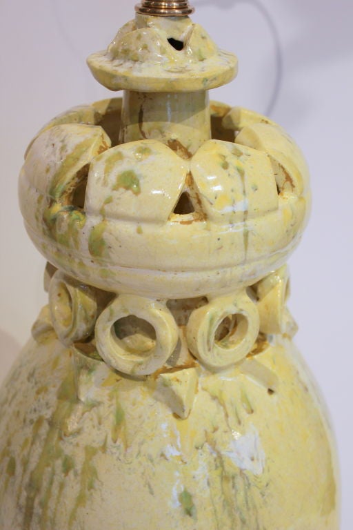Hand Thrown Italian Ceramic Lamp with Yellow Drip Glaze.  Rewired with silk cord and double cluster.