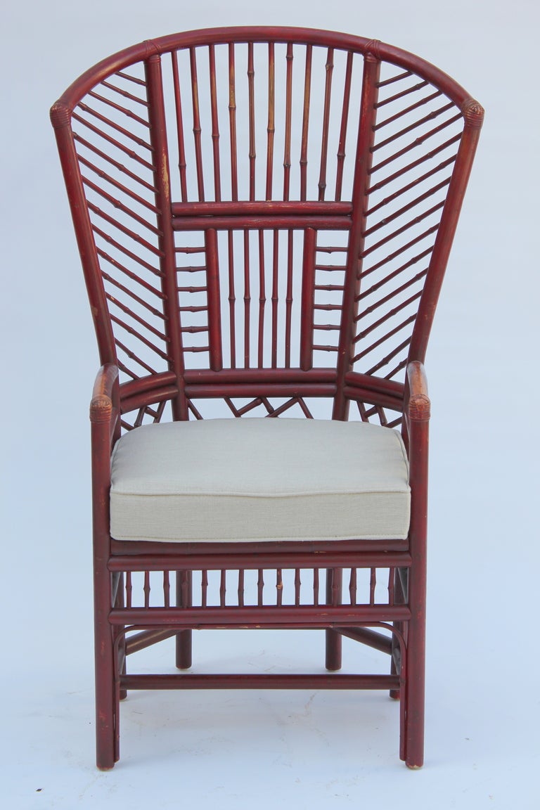 Pair of Rattan Wing  Chairs.  Linen Upholstery.  Original Finish.