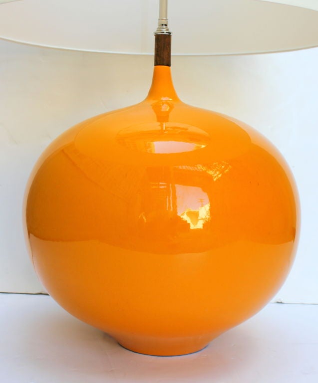 Italian Large Ceramic Lamp with Wood Detail