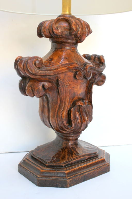 Spanish Pair of Carved Wood Lamps For Sale
